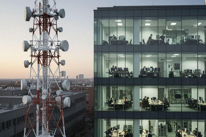 A telecommunications tower beside an illuminated office building.